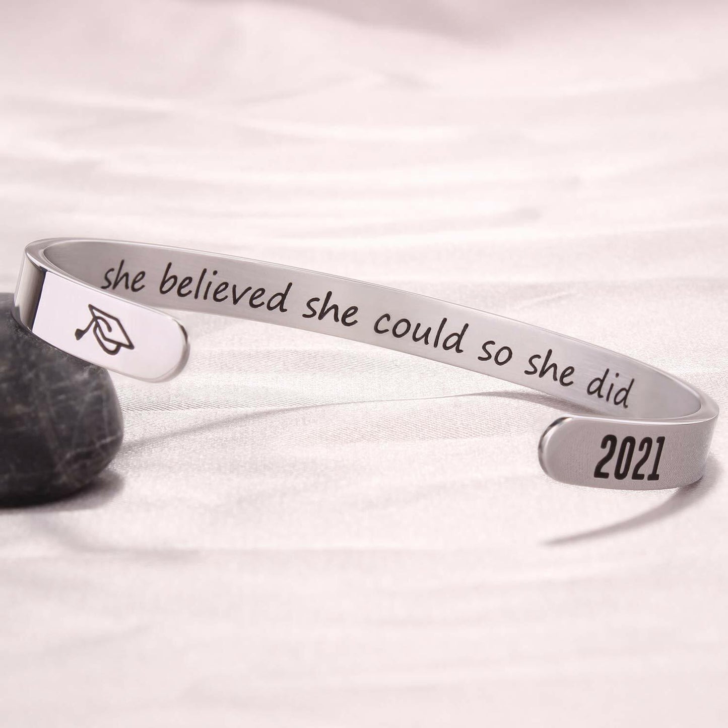 Btysun Graduation Bracelet Inspirational Engraved Quote Silver 6.29"