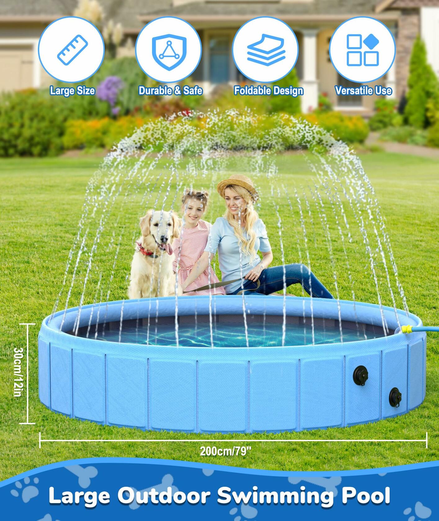 EPN Large Foldable Dog Pool 79" Heavy Duty PVC Non-Slip Blue