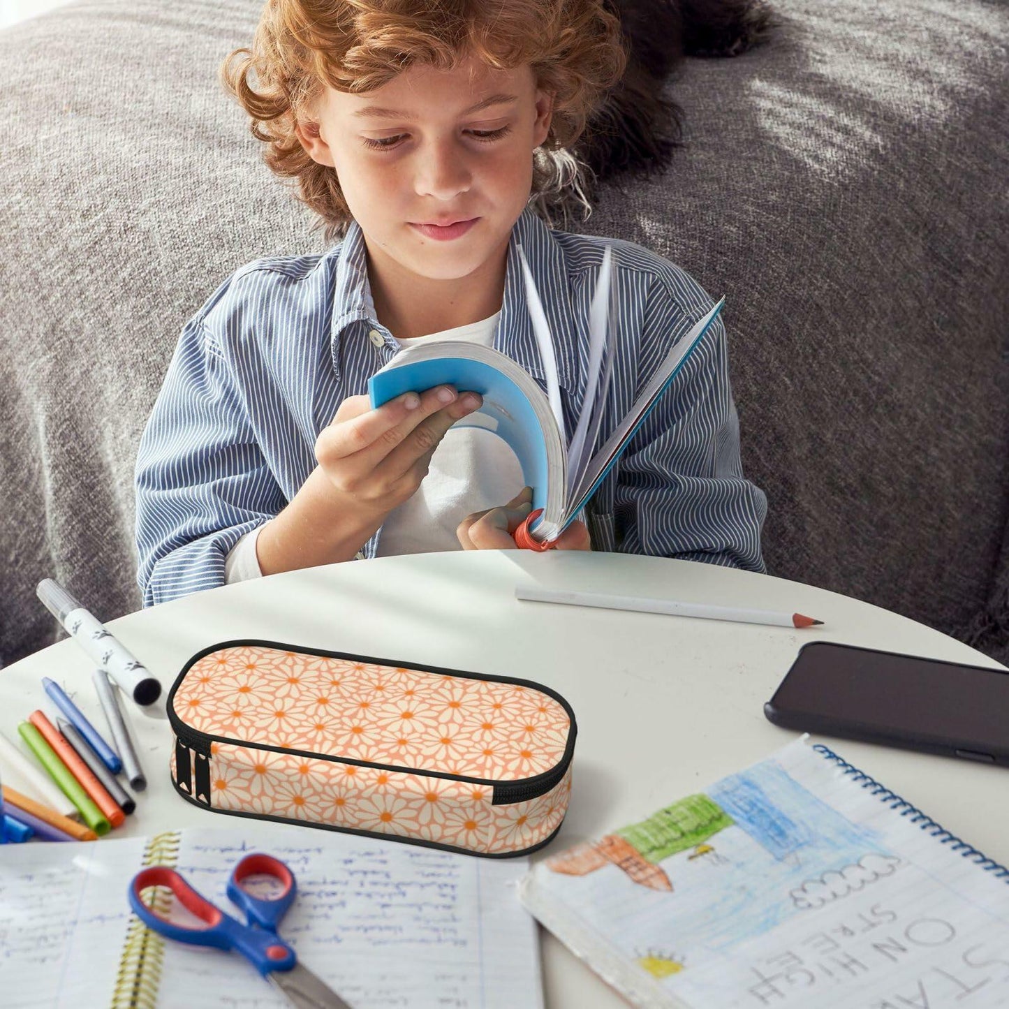 VOL&BASS Orange Flower Large Pencil Case Big Capacity Back To School