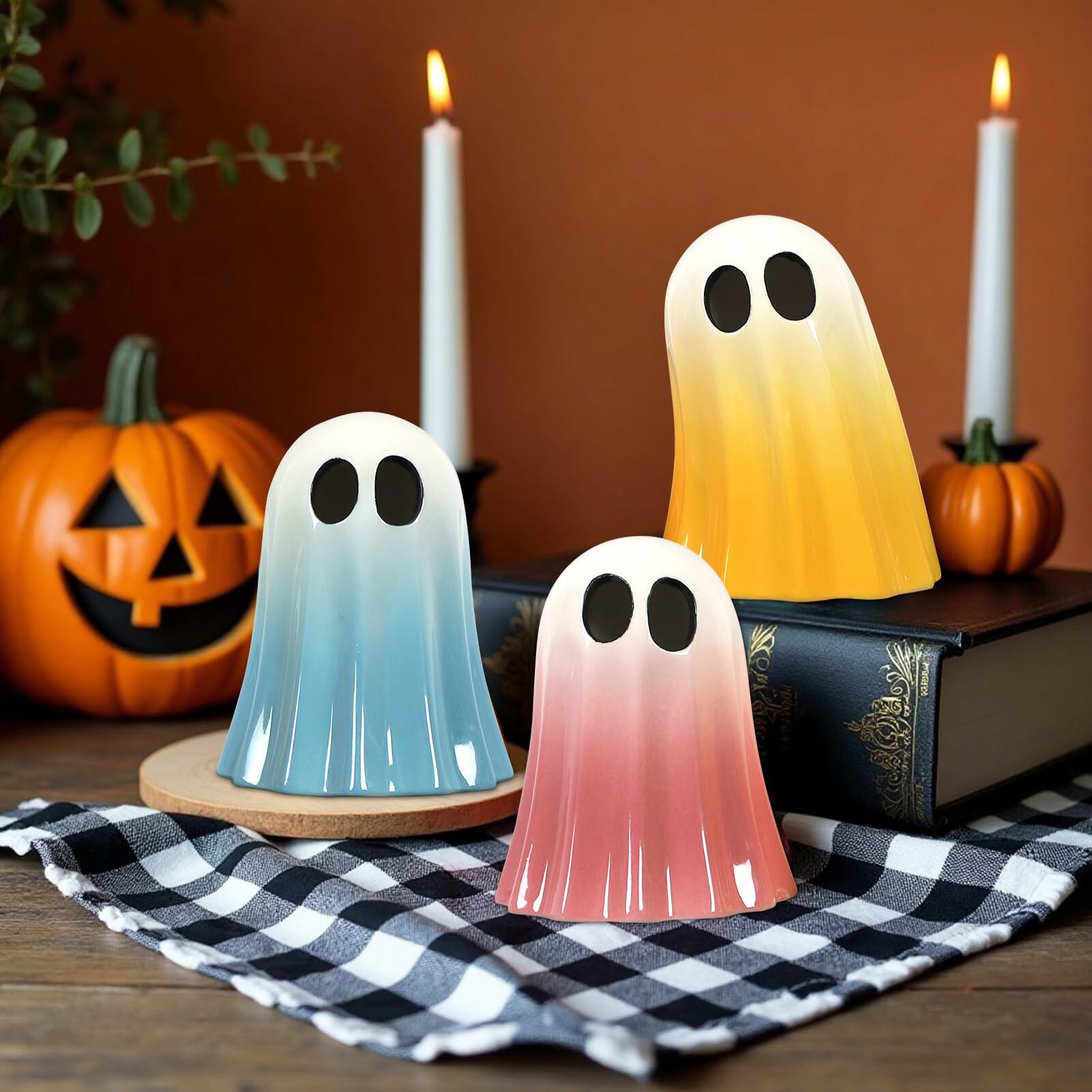 DAZONGE Halloween Ceramic Ghost Figurines Set of 3 Pink Yellow Blue Indoor