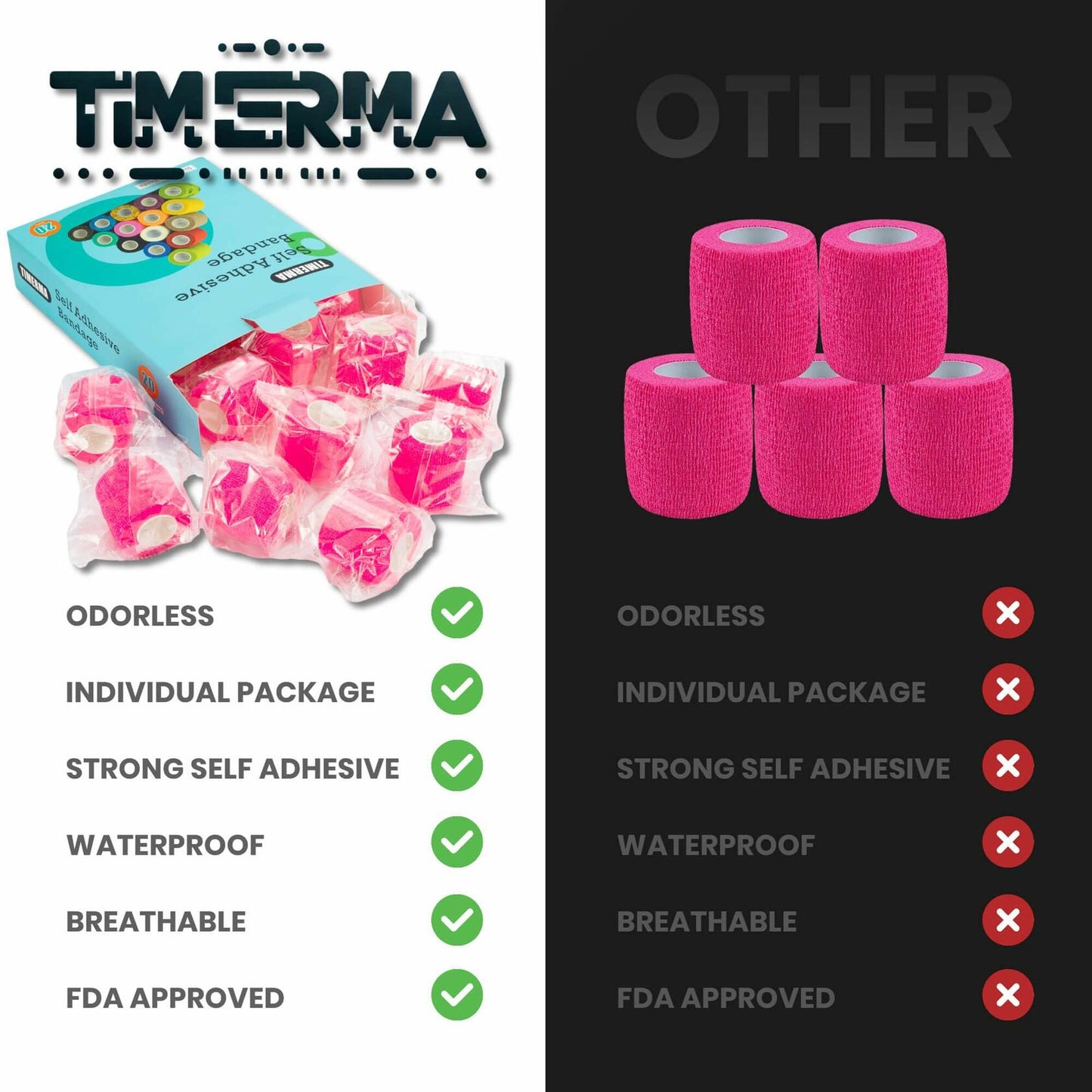 [Like New] timerma 20 Rolls Self Adhesive Bandage Wrap Elastic Breathable Pink