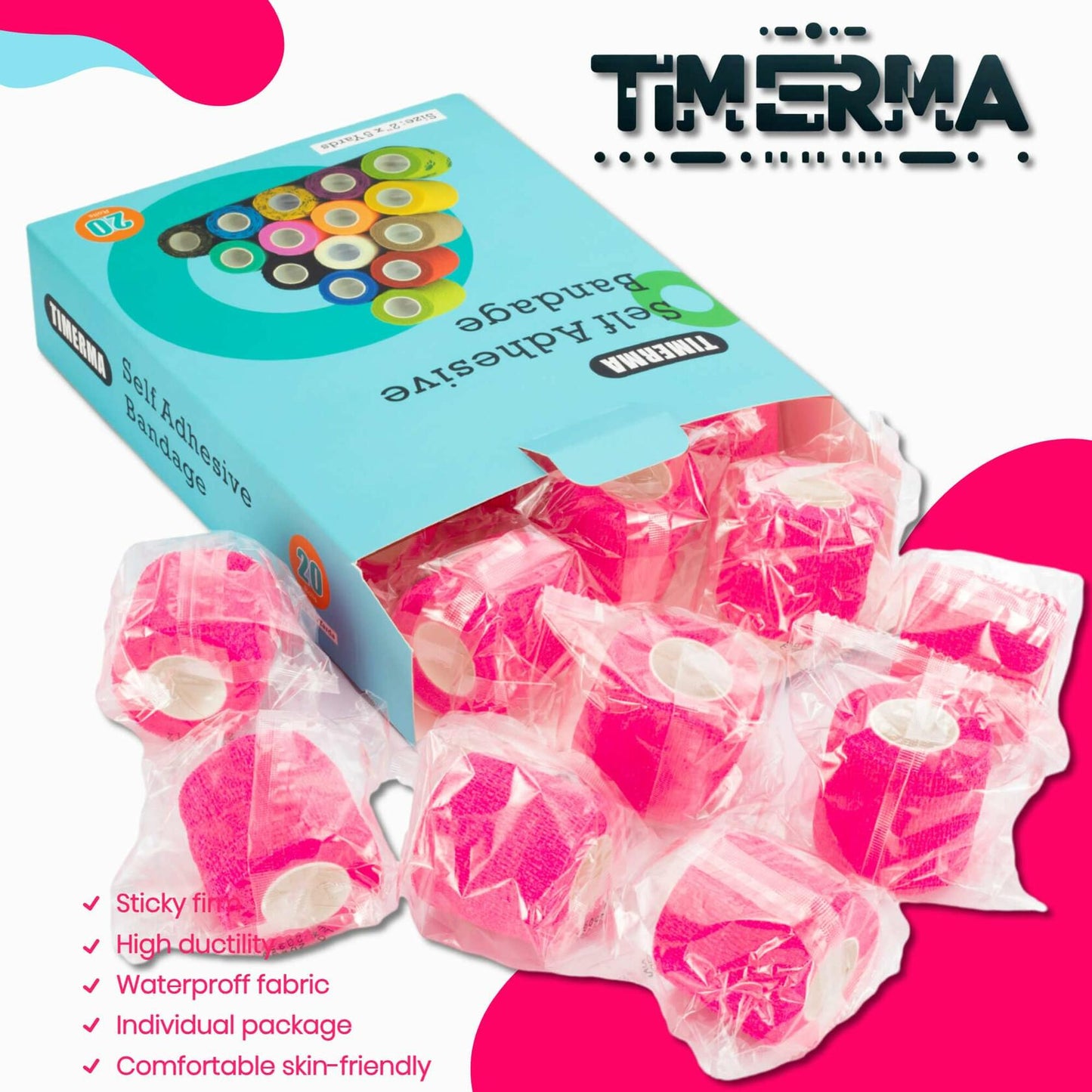 [Like New] timerma 20 Rolls Self Adhesive Bandage Wrap Elastic Breathable Pink