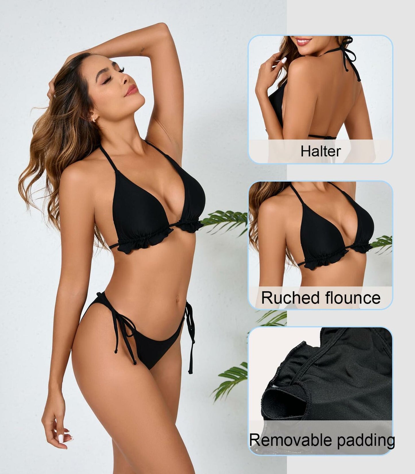 JOYBIK Women’s Ruffled Halter Bikini Set Brown Leopard Print Size S