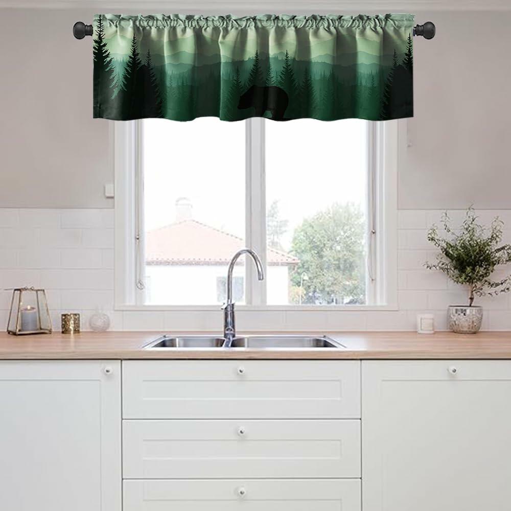 GDYIGB Window Valance 54x18 Green Forest Bear Rod Pocket Curtain Panel