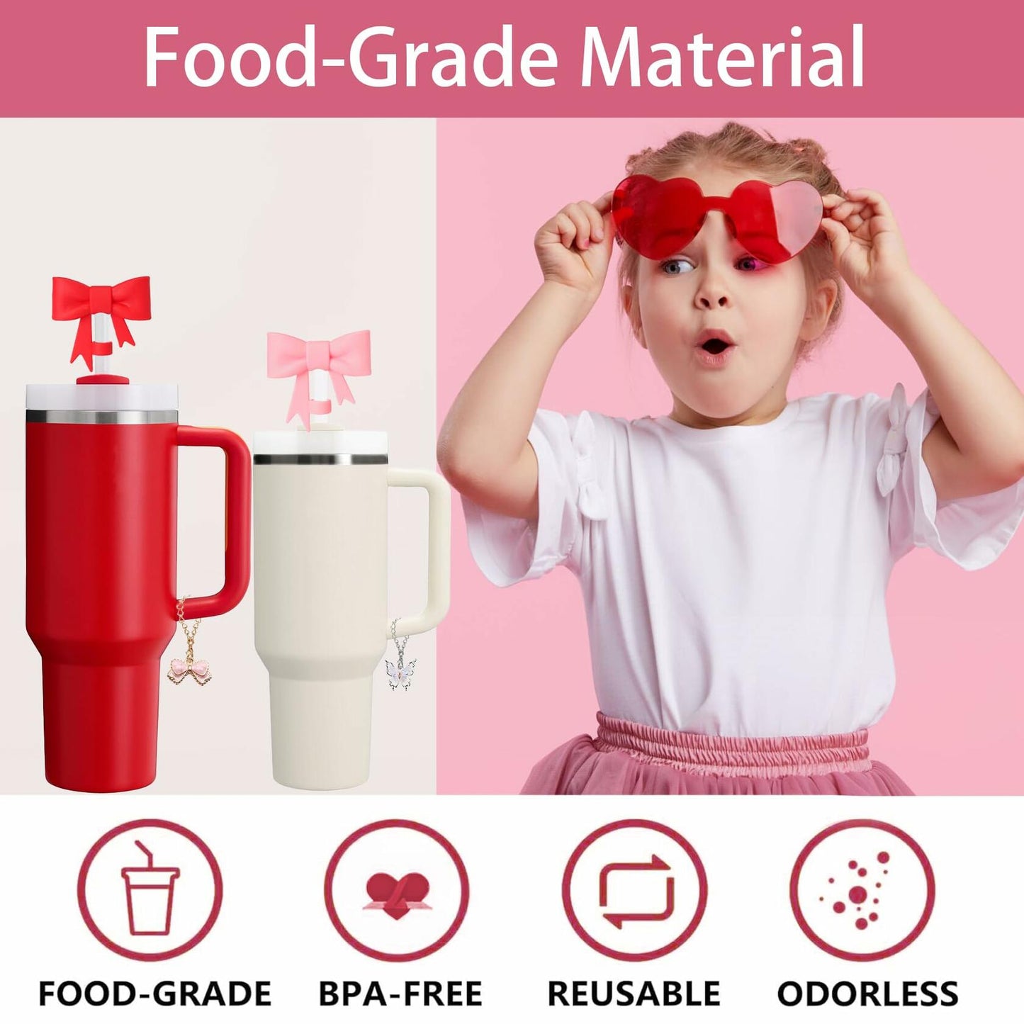 PandoreBox 4 Pcs Bow Knot Straw Lids & Charms for 30oz/40oz Cups White03