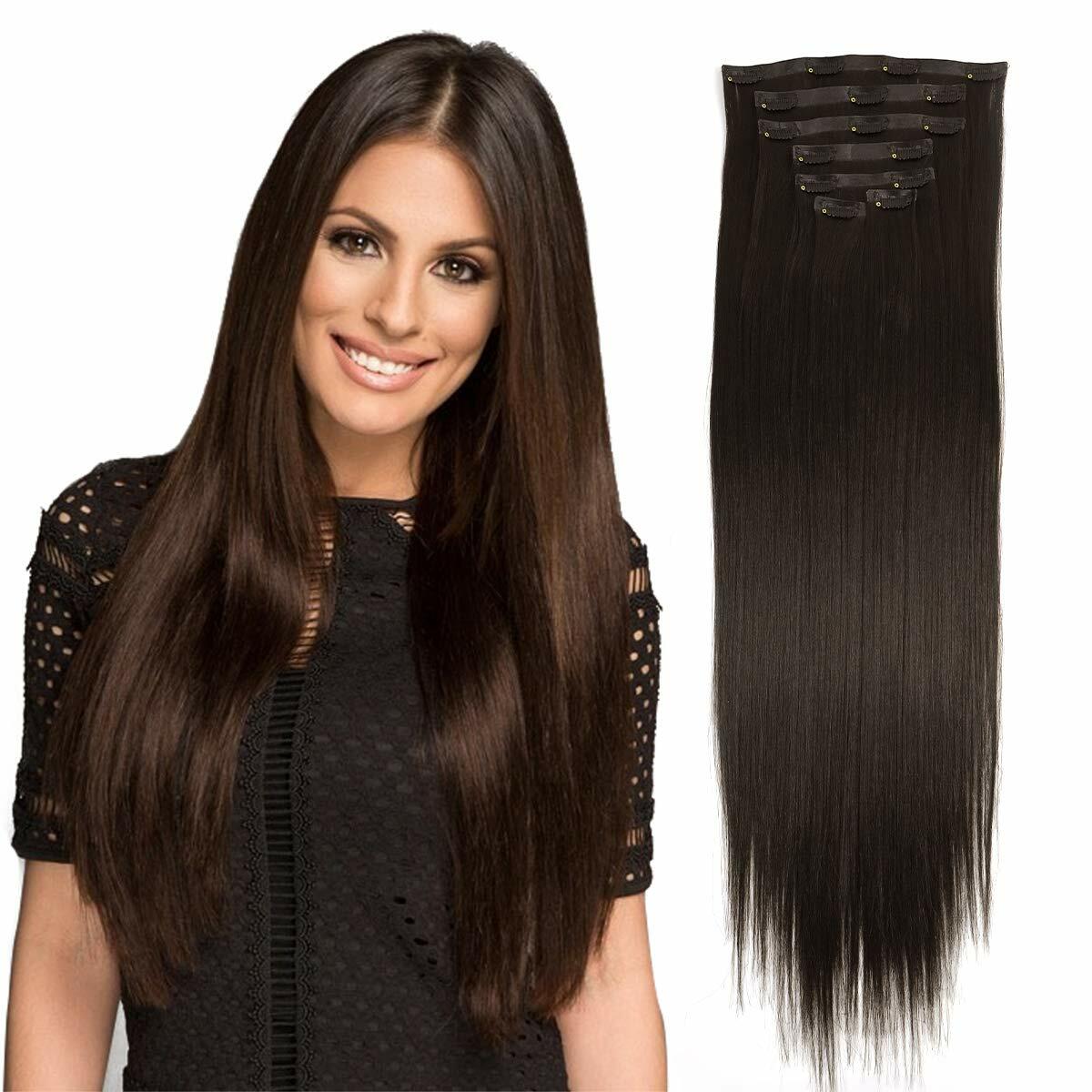 [Like New] MYS Hair 24inch PU Clip-In Synthetic Hair Extensions Dark Brown 160g