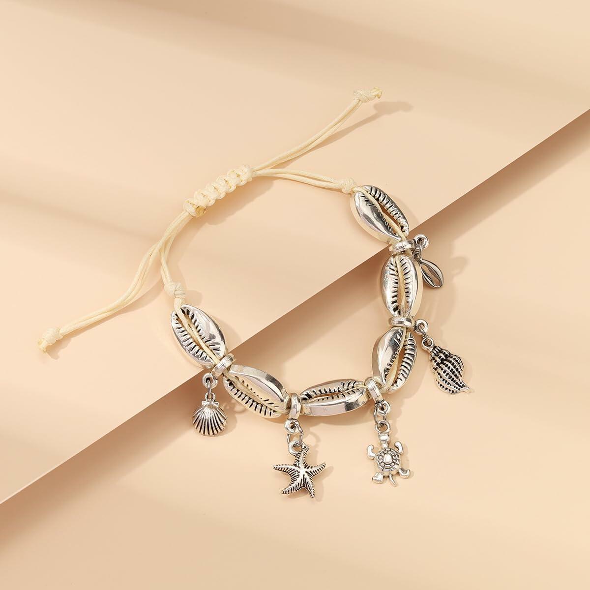 Bethynas Bohemian Shell Beads Pendant Adjustable Anklet Bracelet Silver