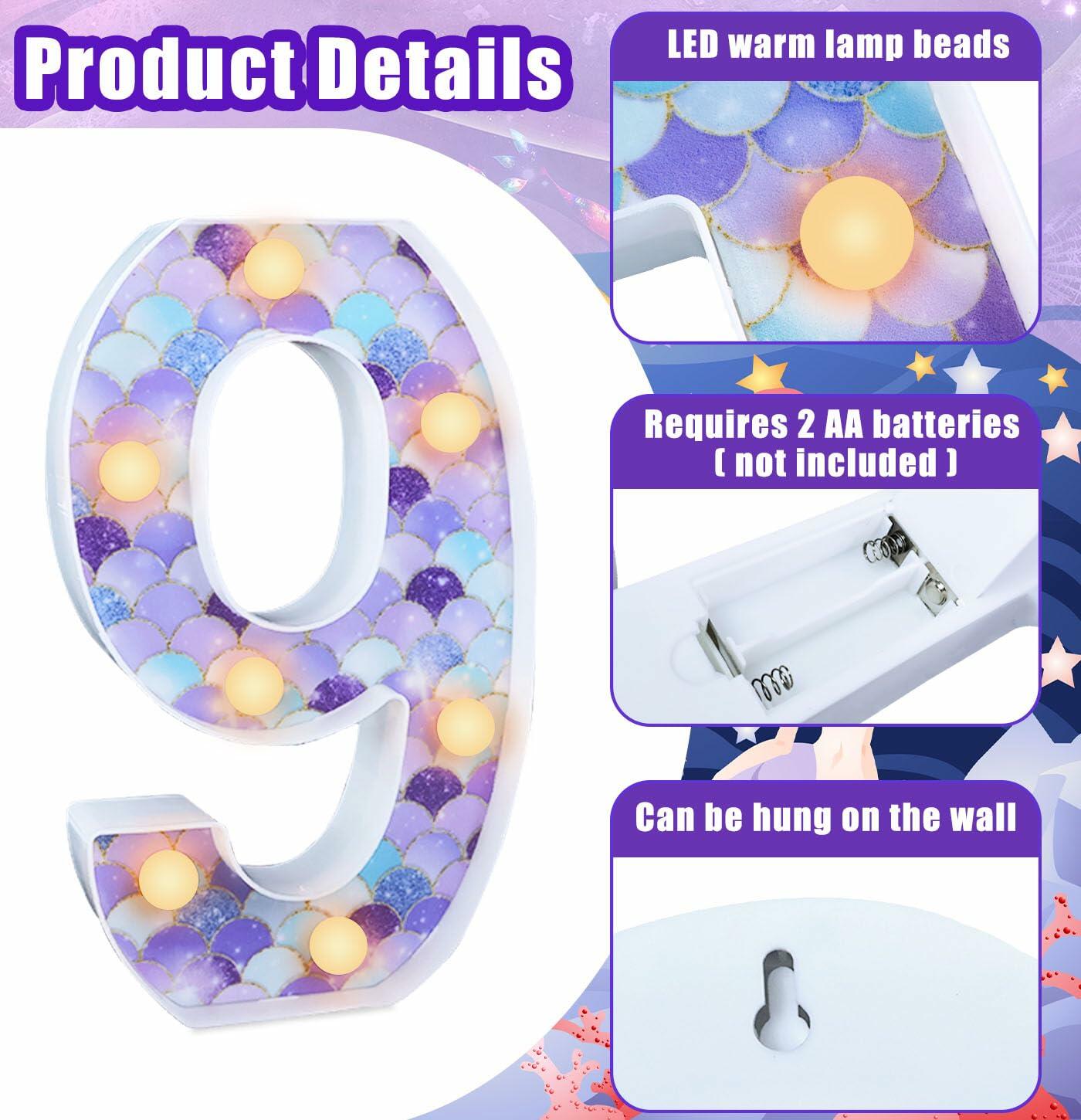 MUNILAIL Mermaid Birthday Number 9 Light Up Sign Plastic Party Decor