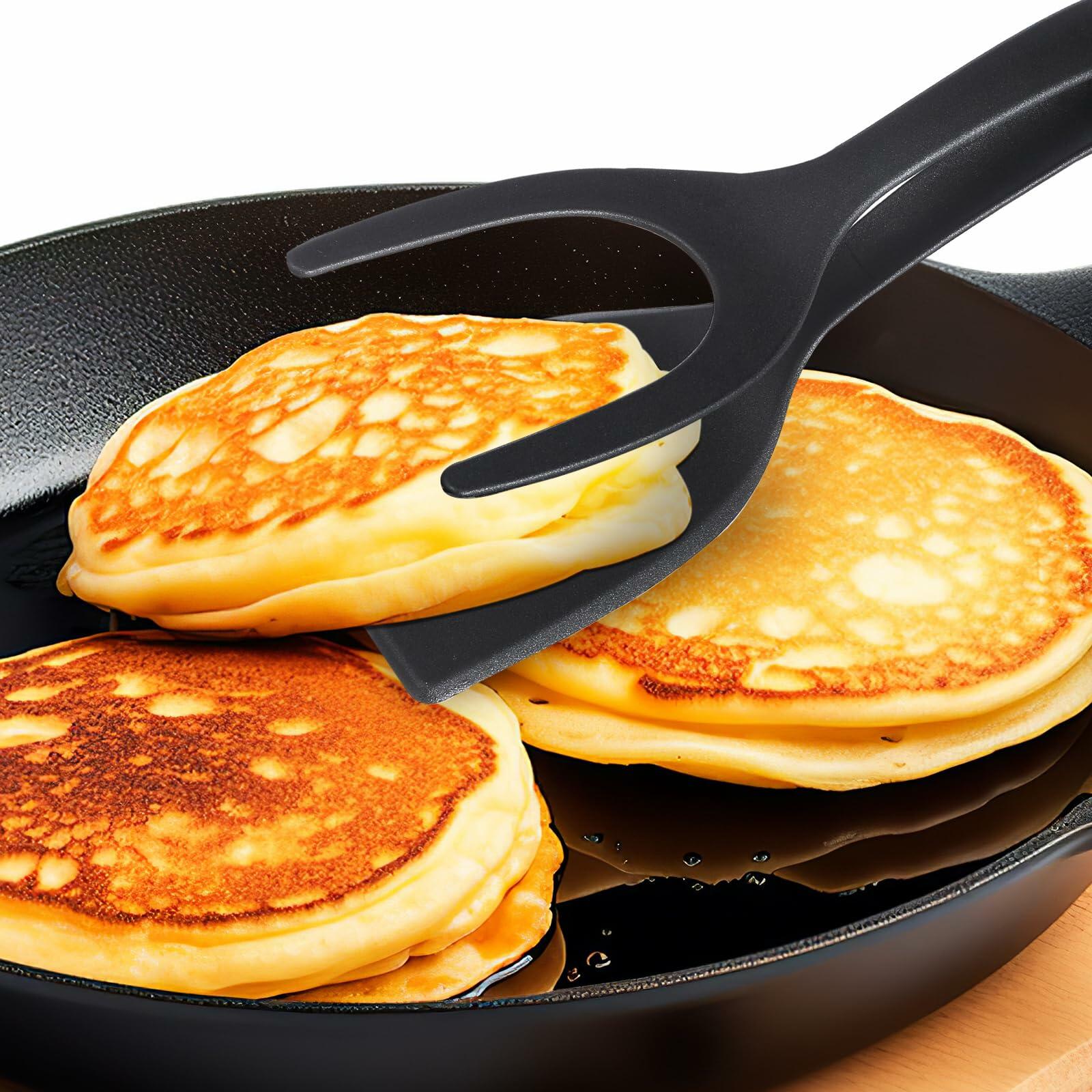 Alipis 2-in-1 Grip Flip Spatula Tongs Egg Pancake Omelet Tool Black