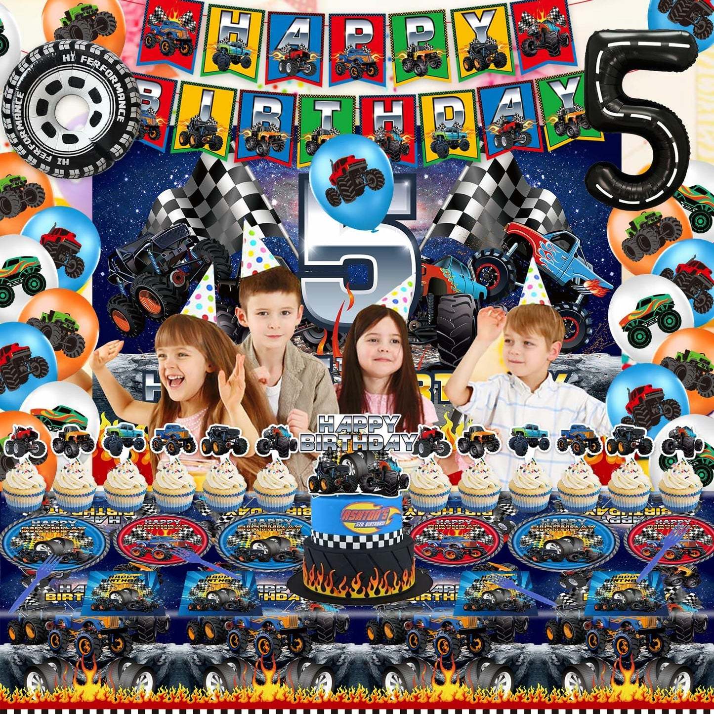 [Like New] Hoywas Monster Truck Birthday Party Supplies 5th Theme Decorations Set Boys