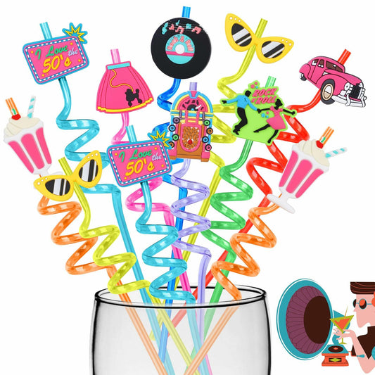 AYINOBY 24Pcs 50's Vintage Reusable Plastic Straws Multi-Color + 2 Brushes