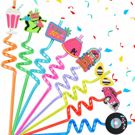 AYINOBY 24Pcs 50's Vintage Reusable Plastic Straws Multi-Color + 2 Brushes