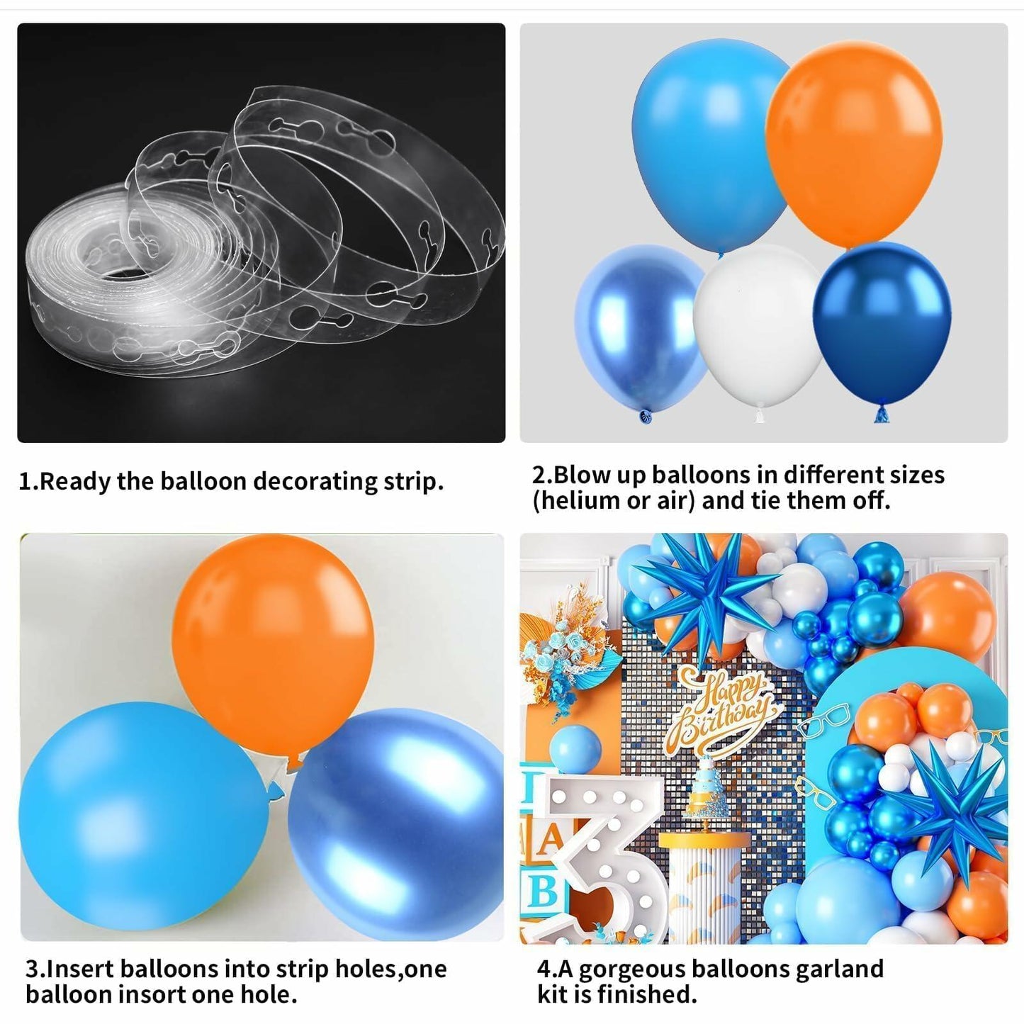 Sowide Orange Blue White Balloon Garland Arch Kit with Star Foil Balloons