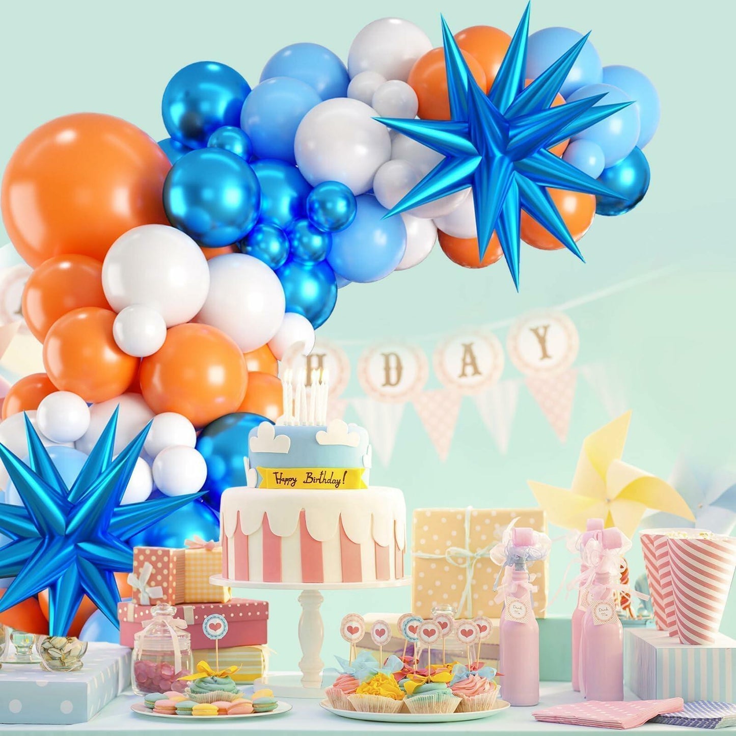Sowide Orange Blue White Balloon Garland Arch Kit with Star Foil Balloons