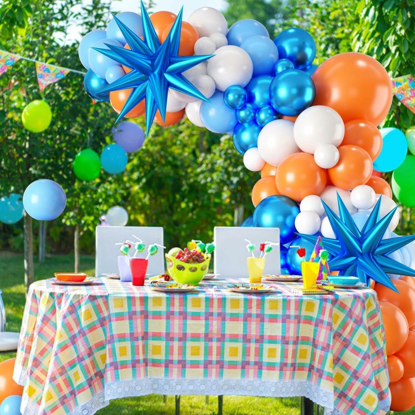 Sowide Orange Blue White Balloon Garland Arch Kit with Star Foil Balloons
