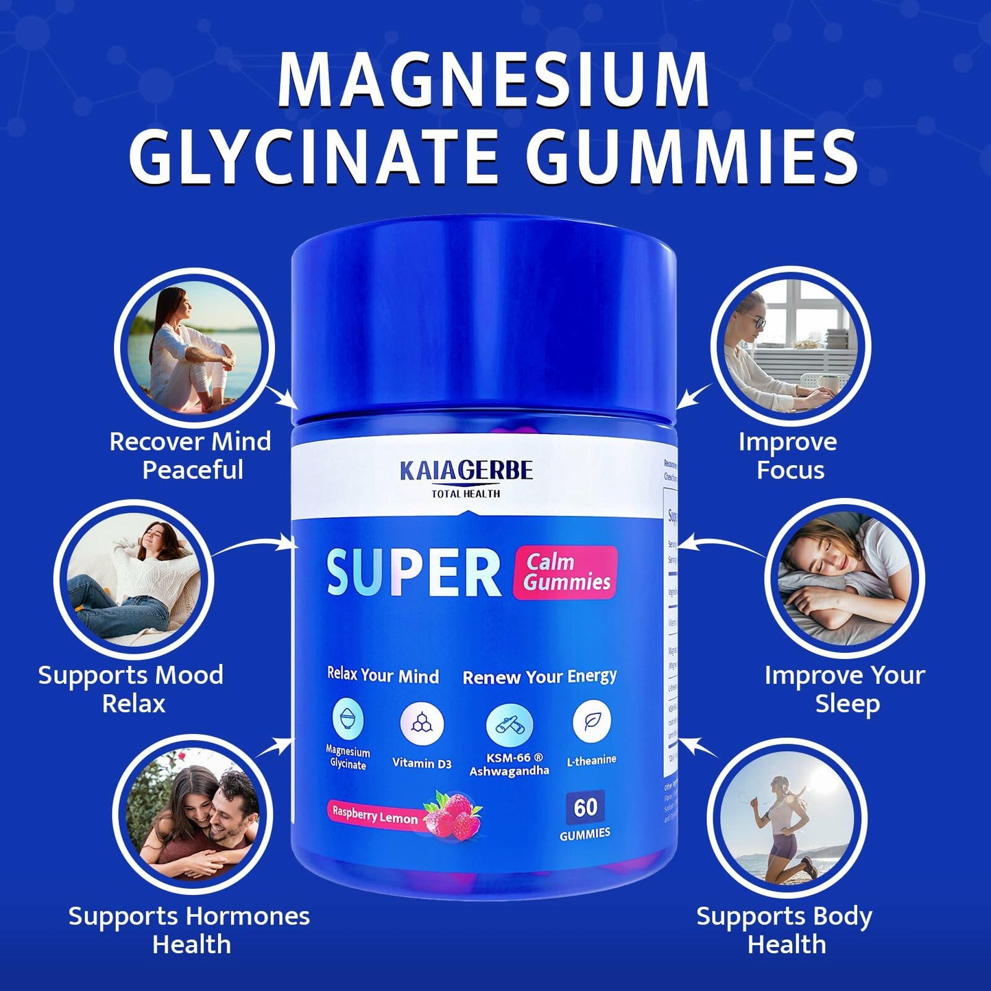 KAIAGERBE TOTAL HEALTH Magnesium Glycinate Gummies 100mg Ashwagandha 60 Ct