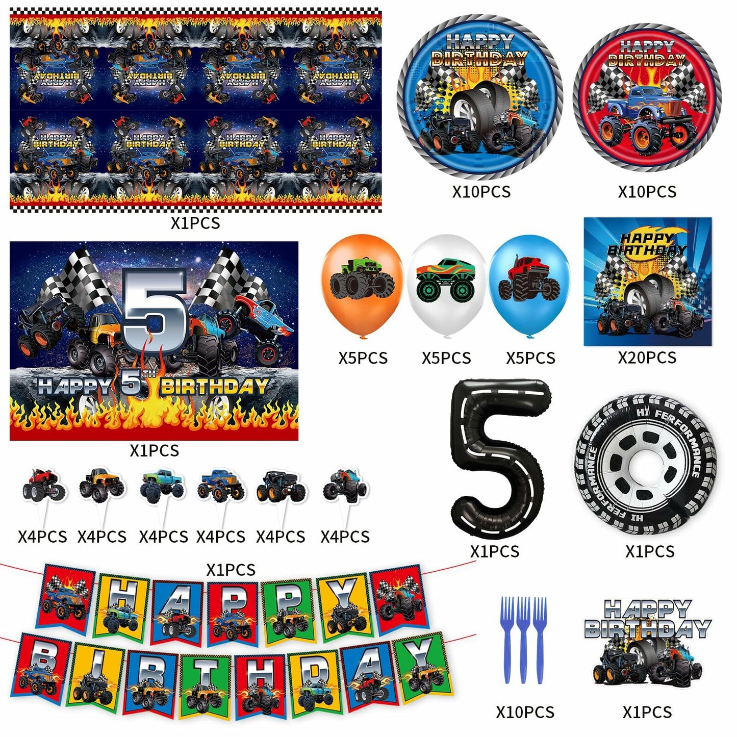 [Like New] Hoywas Monster Truck Birthday Party Supplies 5th Theme Decorations Set Boys