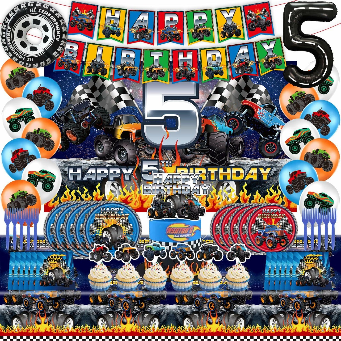 [Like New] Hoywas Monster Truck Birthday Party Supplies 5th Theme Decorations Set Boys