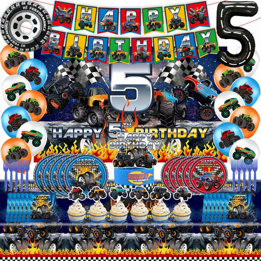 [Like New] Hoywas Monster Truck Birthday Party Supplies 5th Theme Decorations Set Boys