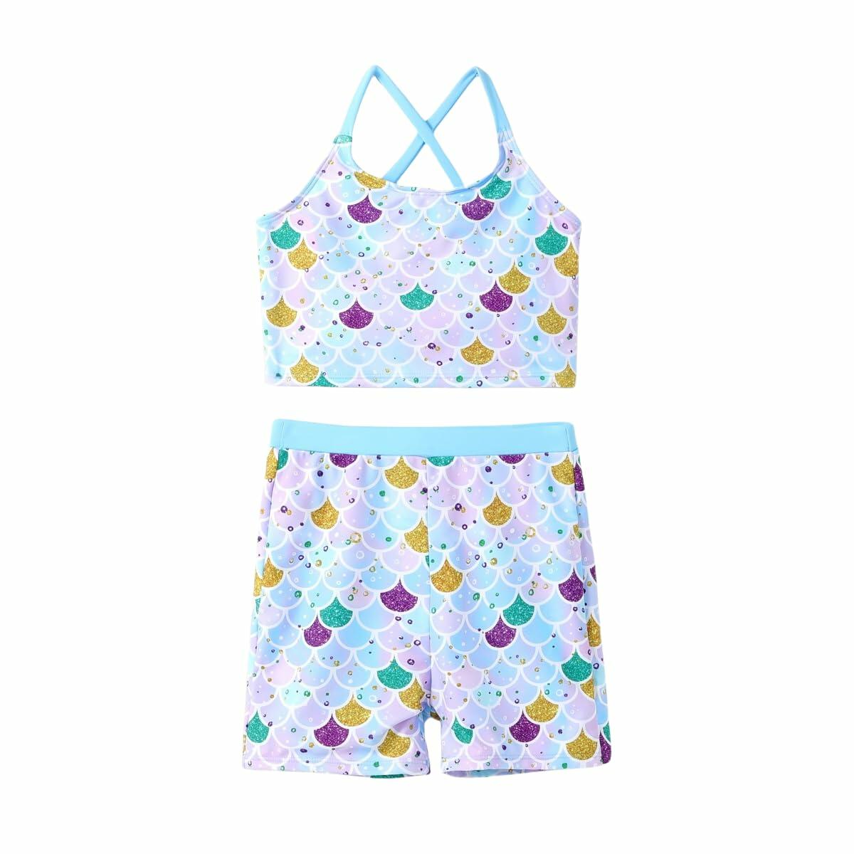 PATPAT Girls 2-Piece Tankini Swimsuit Set Sky Blue Fish Mermaid Size 8-9