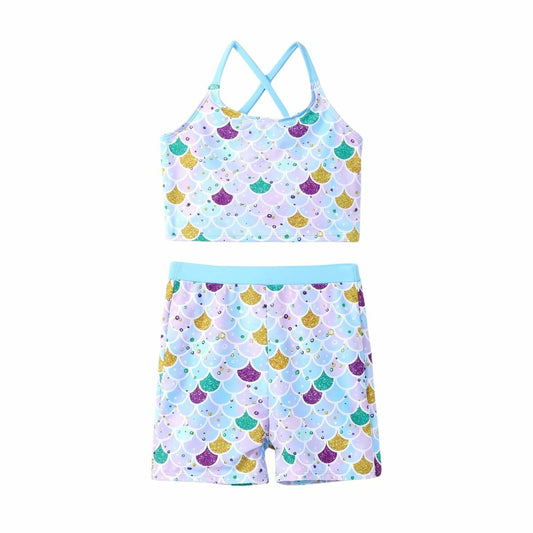 PATPAT Girls 2-Piece Tankini Swimsuit Set Sky Blue Fish Mermaid Size 8-9