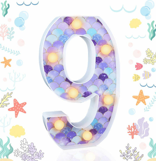 MUNILAIL Mermaid Birthday Number 9 Light Up Sign Plastic Party Decor
