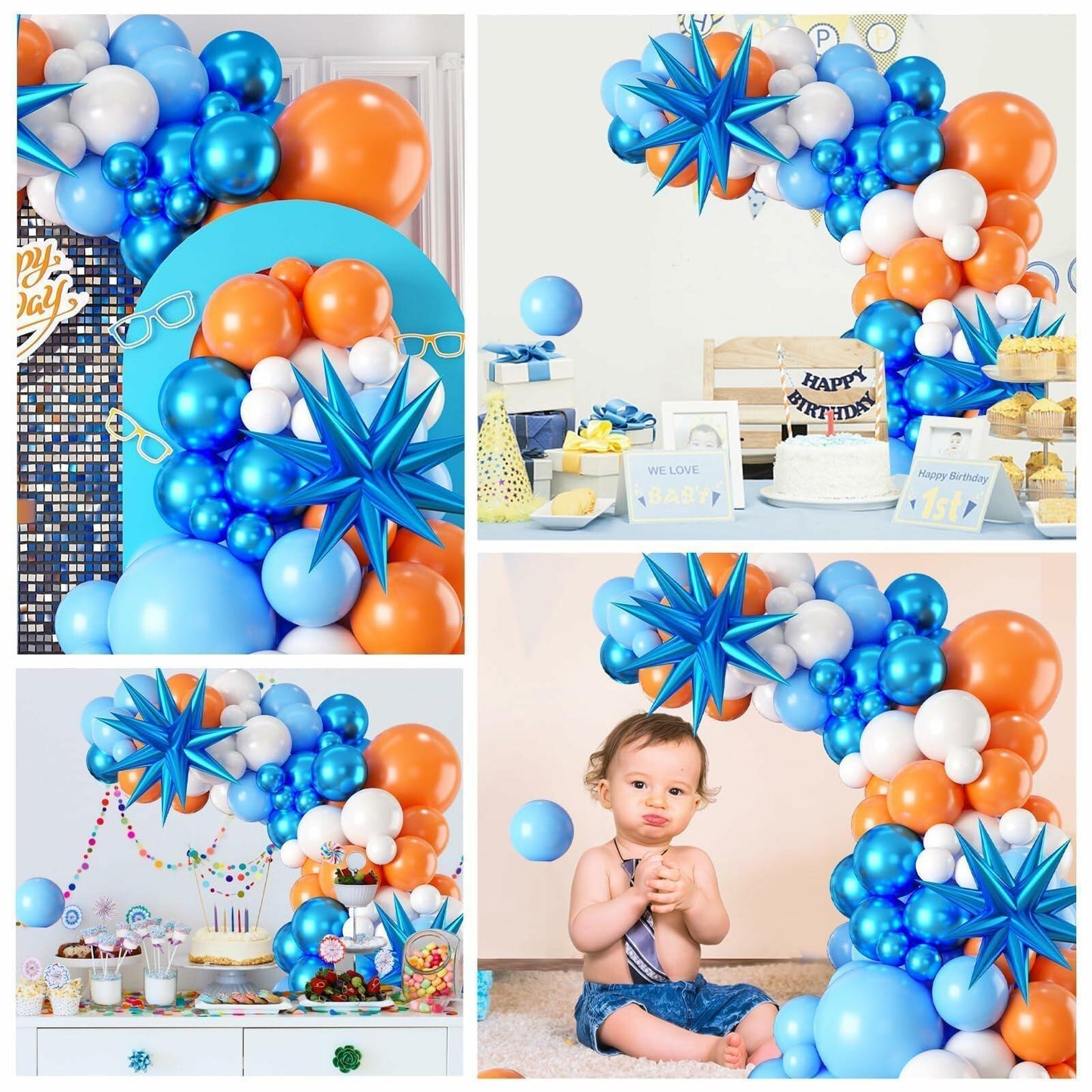 Sowide Orange Blue White Balloon Garland Arch Kit with Star Foil Balloons