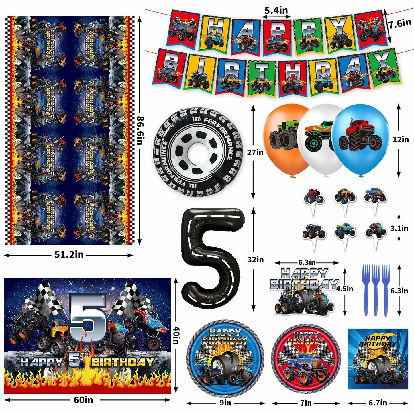 [Like New] Hoywas Monster Truck Birthday Party Supplies 5th Theme Decorations Set Boys