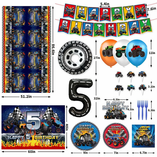 [Like New] Hoywas Monster Truck Birthday Party Supplies 5th Theme Decorations Set Boys