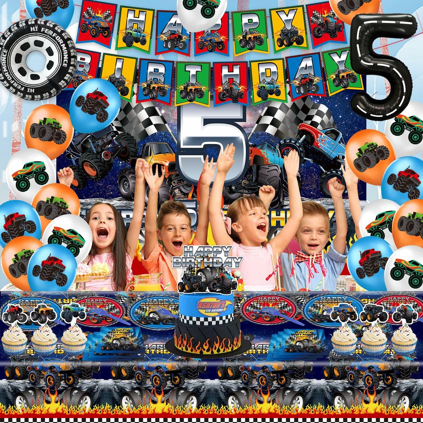 [Like New] Hoywas Monster Truck Birthday Party Supplies 5th Theme Decorations Set Boys