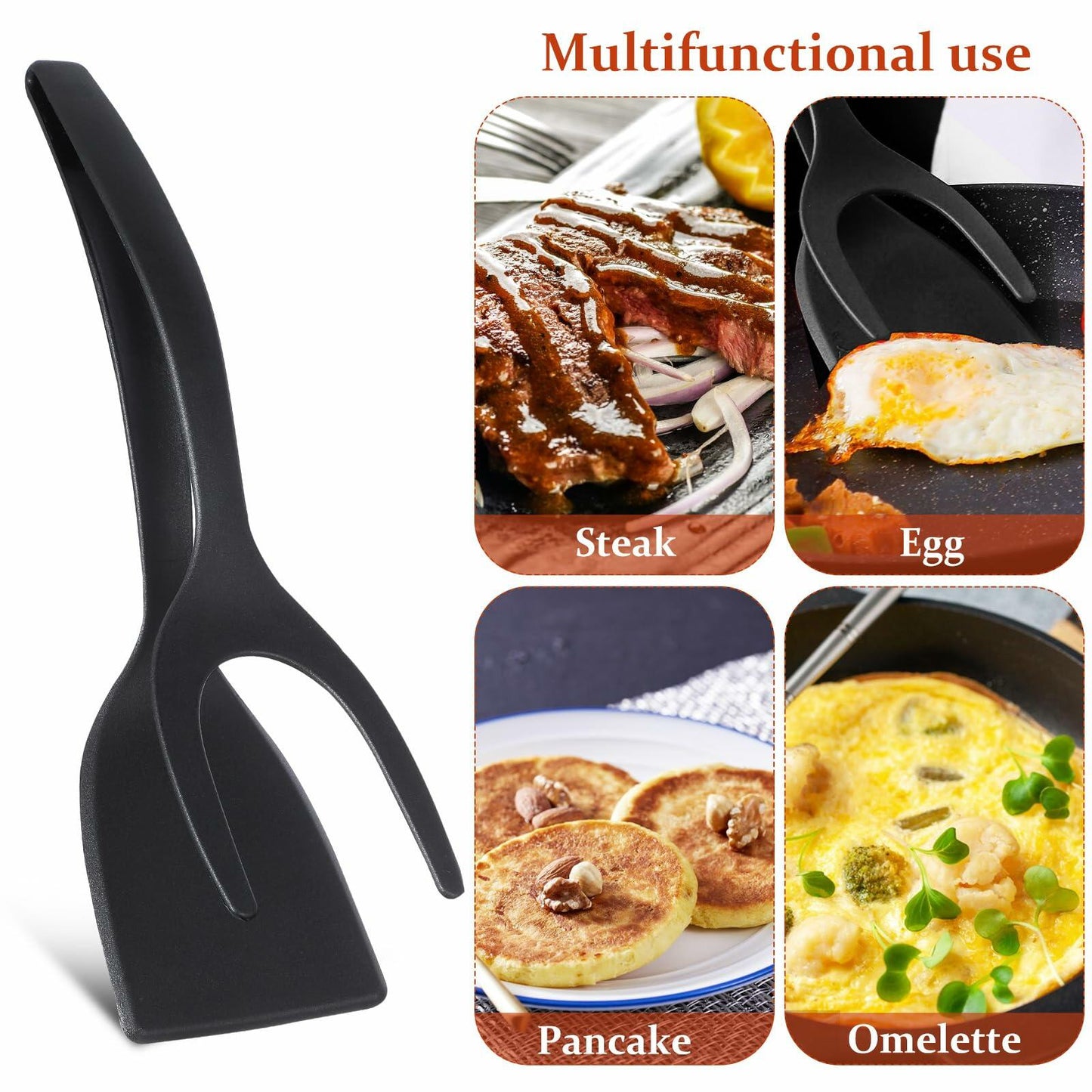 Alipis 2-in-1 Grip Flip Spatula Tongs Egg Pancake Omelet Tool Black