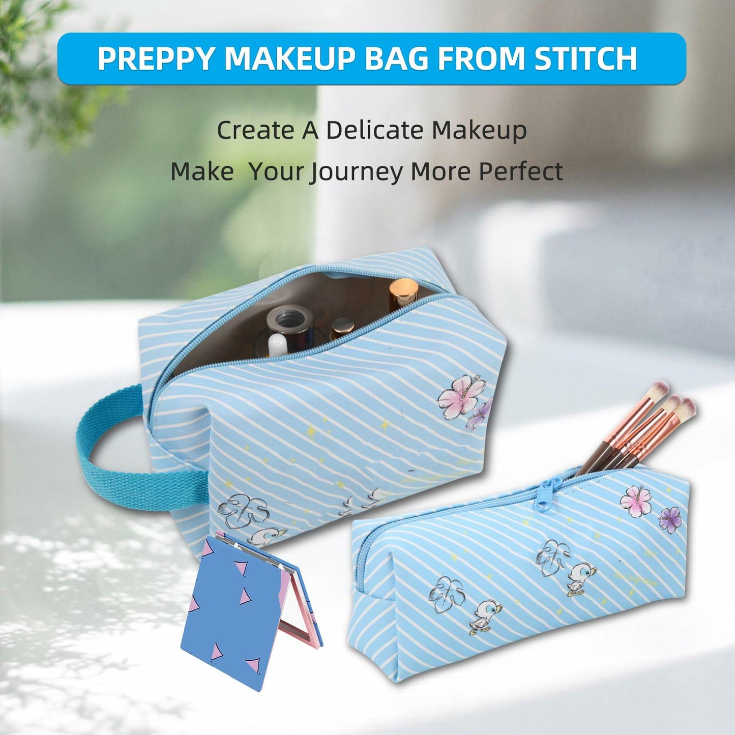 LOYEJEGL Travel Cosmetic Bag with Double Sided Mirror & Brush Bag Blue