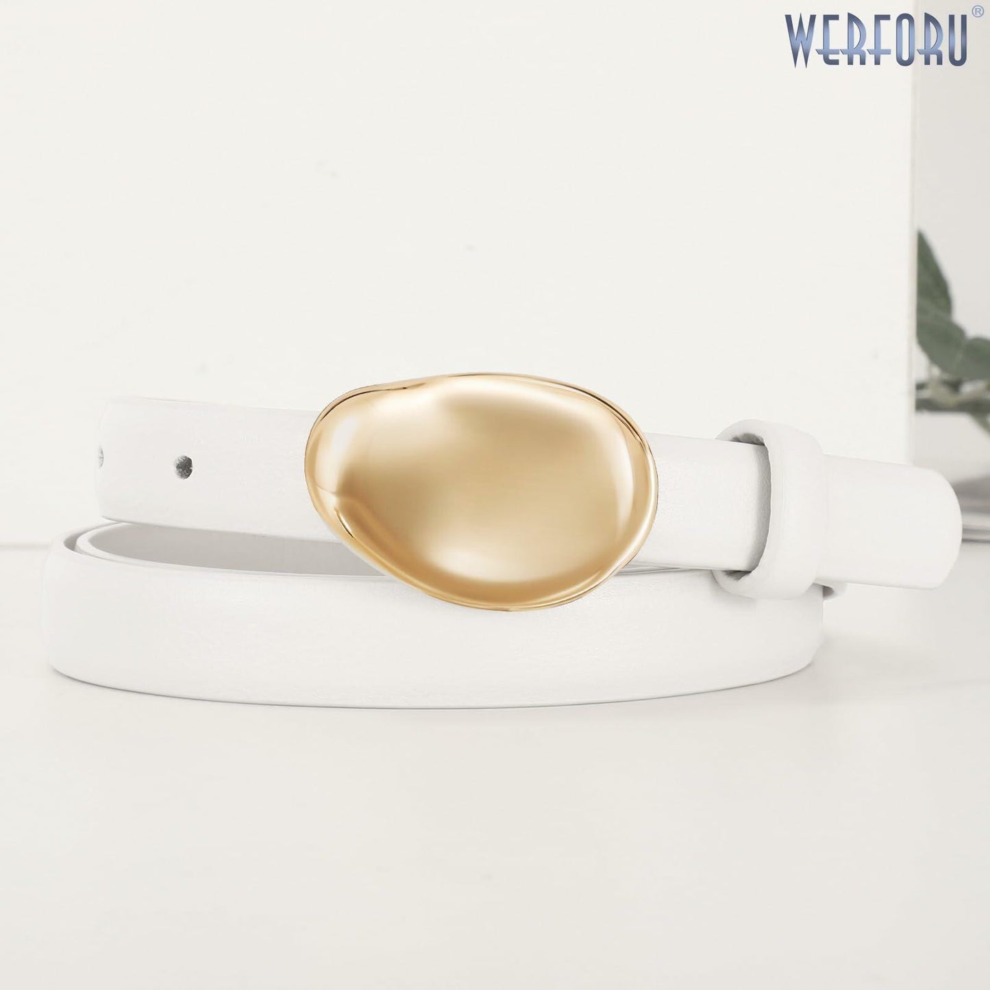 WERFORU Women Skinny Faux Leather Belt Gold Buckle 0.7" Width Size 36-42"