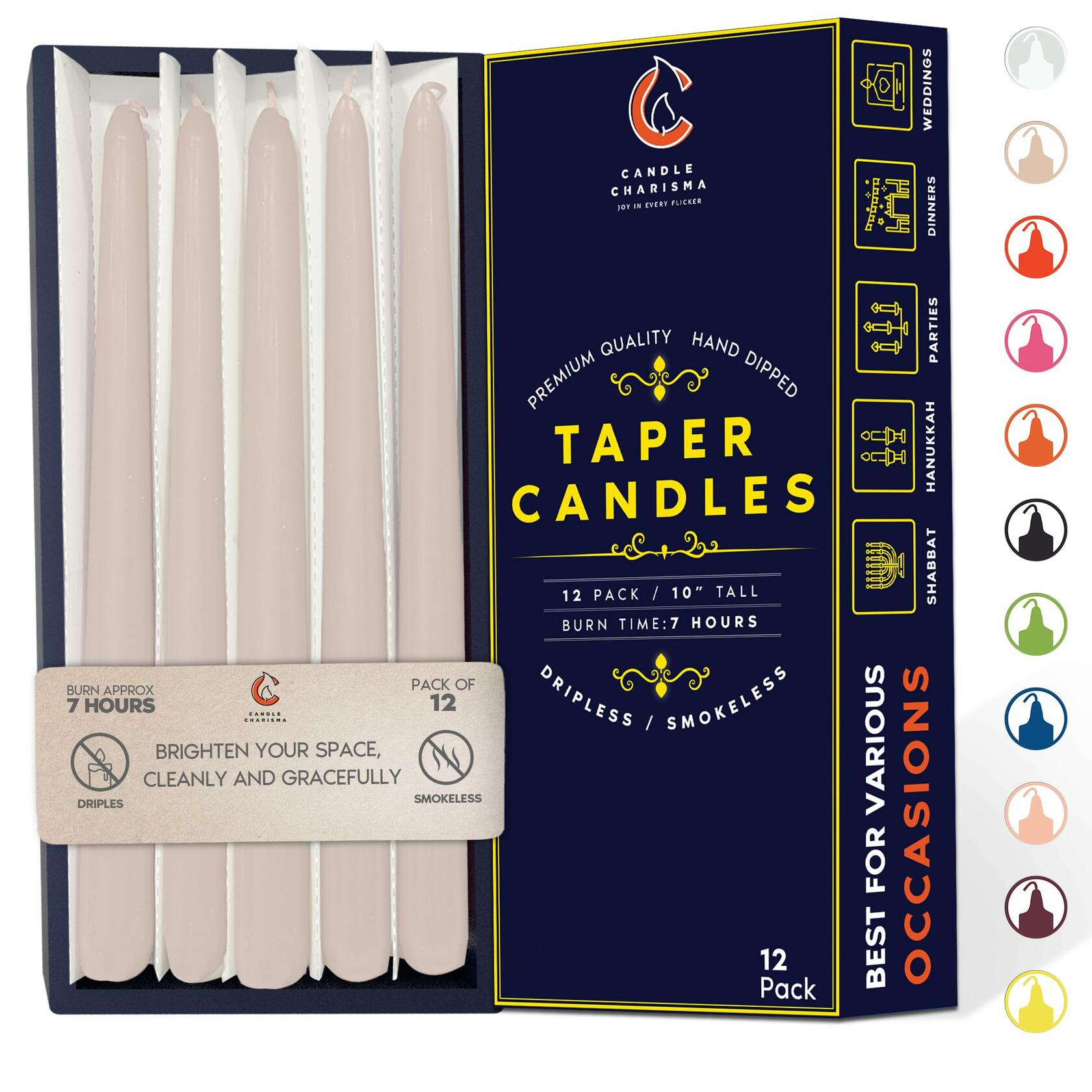 Candle Charisma Ivory Cream 10in Taper Candles Pack of 12 Unscented Dripless