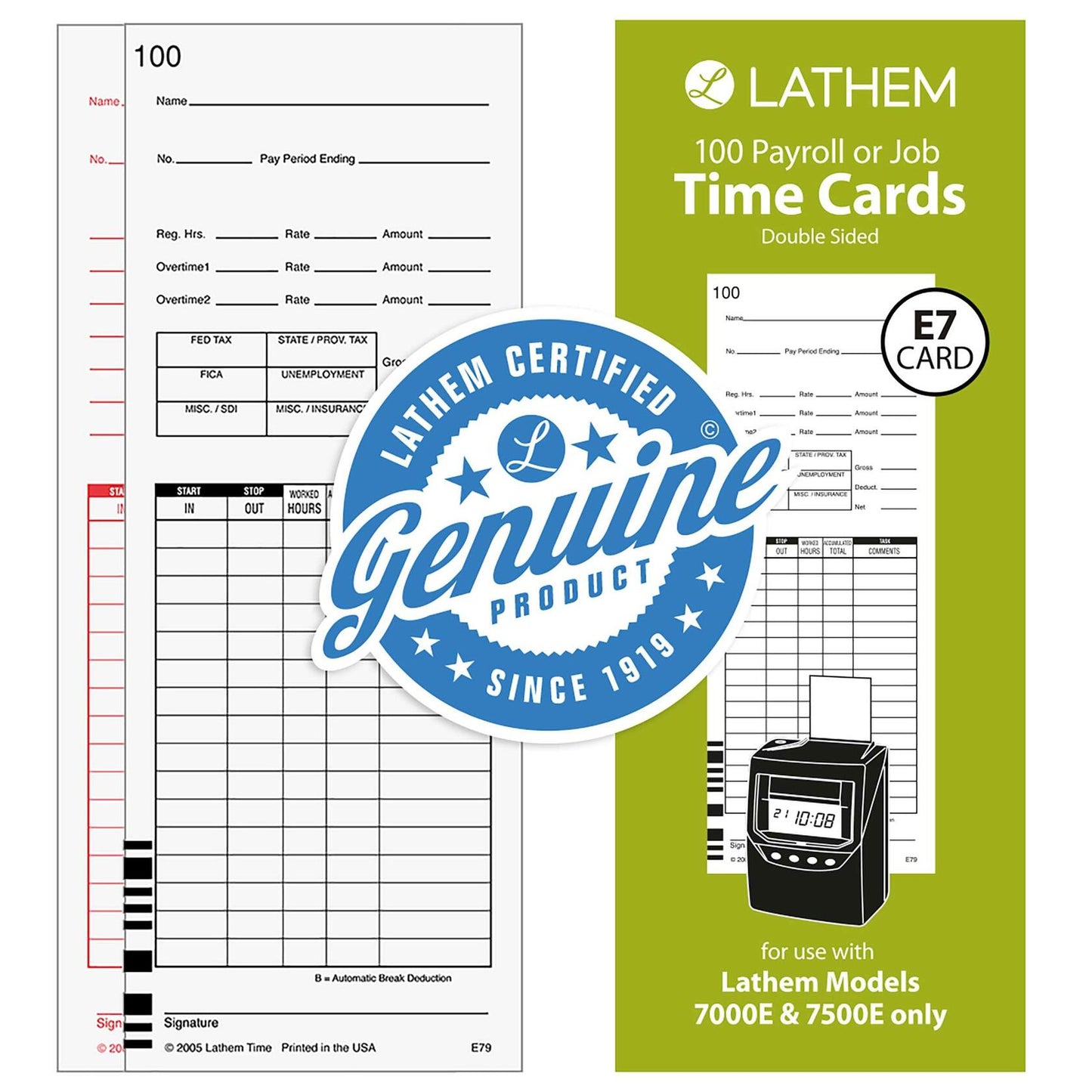 Lathem Universal Payroll Time Cards Double-Sided 100 Pack White for 7000E 7500E