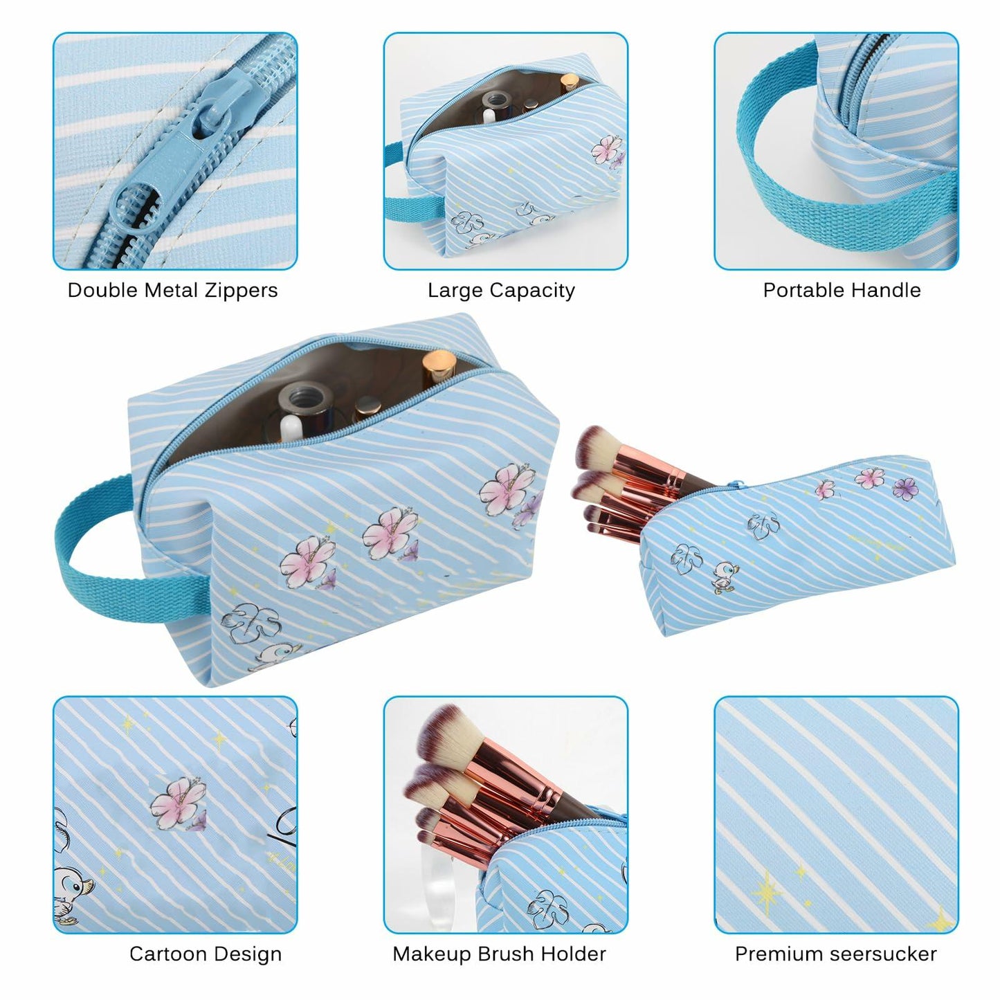 LOYEJEGL Travel Cosmetic Bag with Double Sided Mirror & Brush Bag Blue