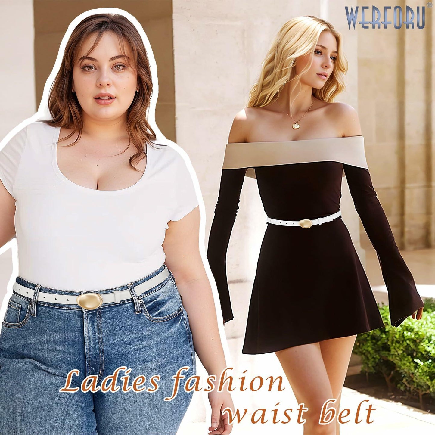 WERFORU Women Skinny Faux Leather Belt Gold Buckle 0.7" Width Size 36-42"