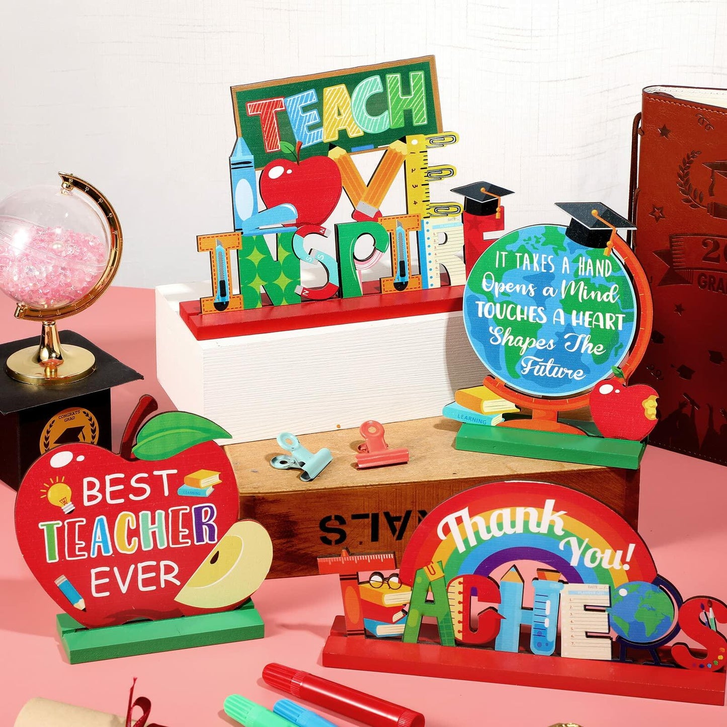 Amyhill 4 Pcs Teacher Appreciation Wooden Table Centerpieces Decorations