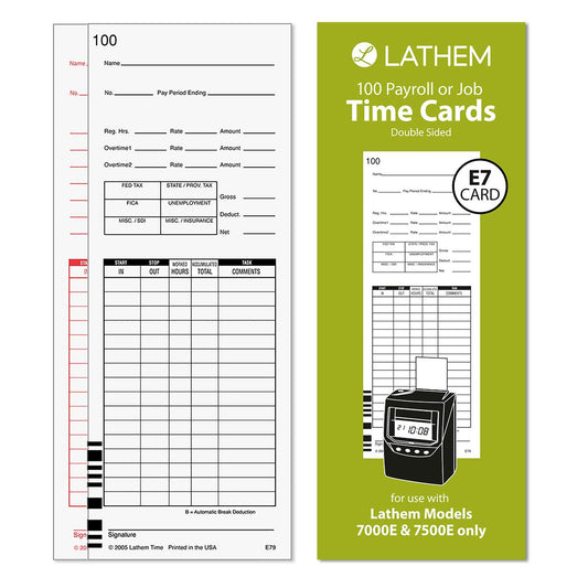 Lathem Universal Payroll Time Cards Double-Sided 100 Pack White for 7000E 7500E