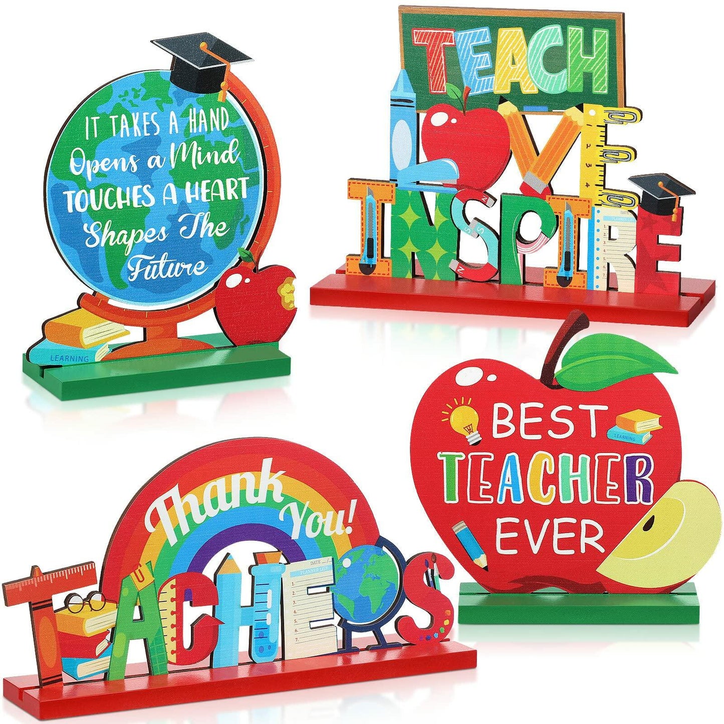 Amyhill 4 Pcs Teacher Appreciation Wooden Table Centerpieces Decorations