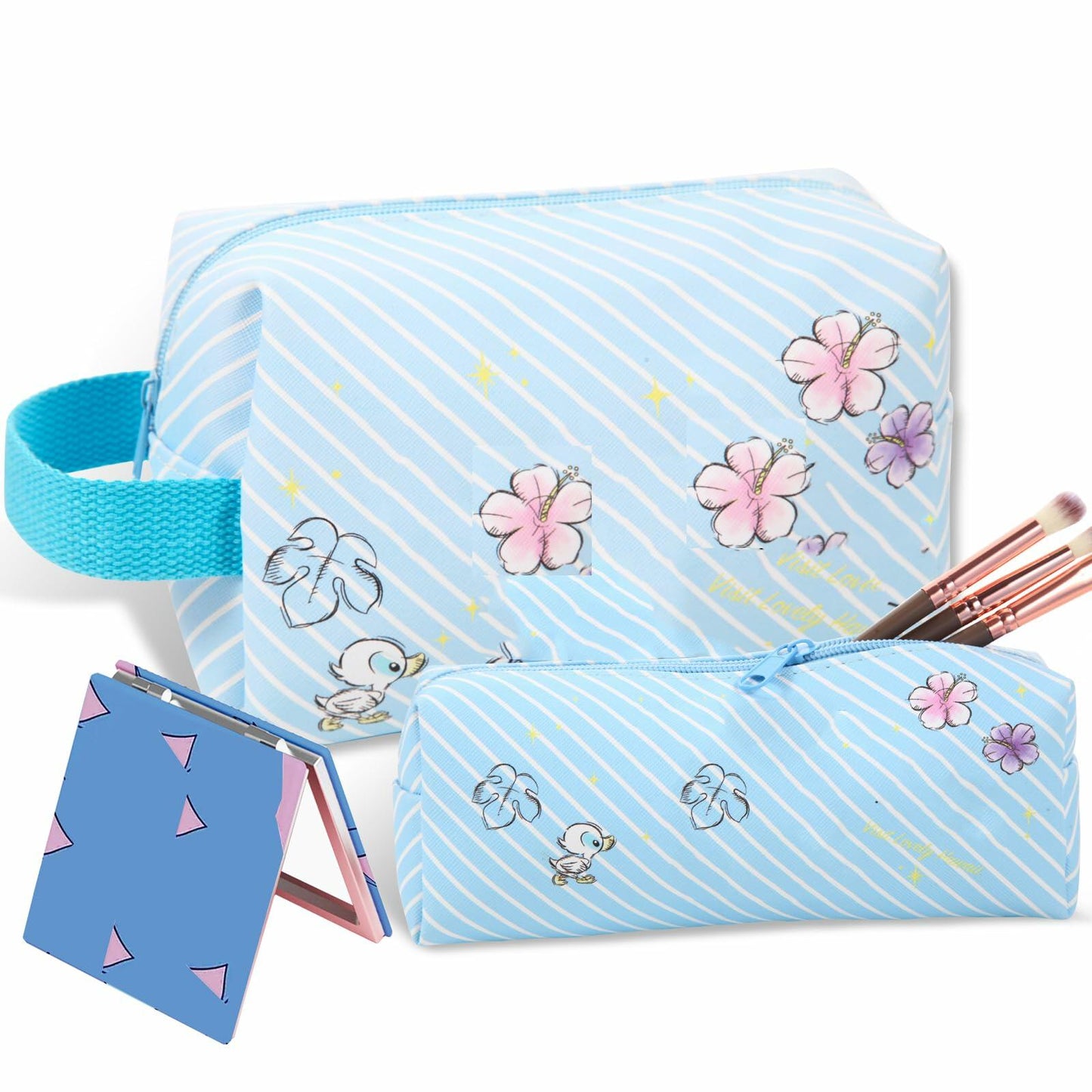 LOYEJEGL Travel Cosmetic Bag with Double Sided Mirror & Brush Bag Blue