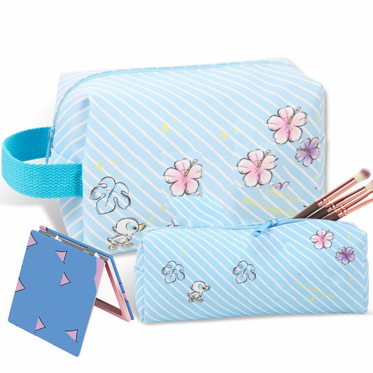 LOYEJEGL Travel Cosmetic Bag with Double Sided Mirror & Brush Bag Blue