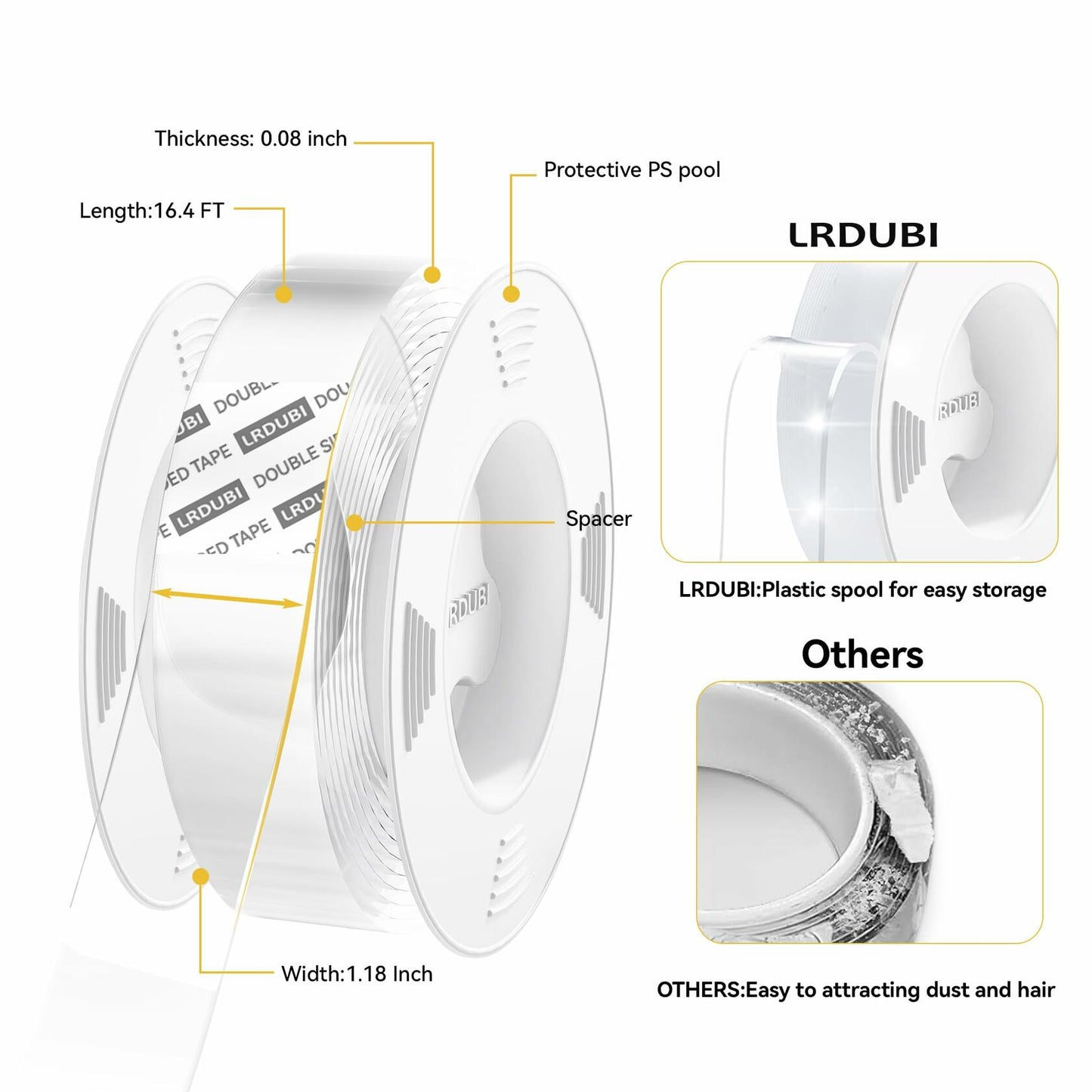 LRDUBI Heavy Duty Double Sided Tape 1.18" x 197" Clear Removable Adhesive