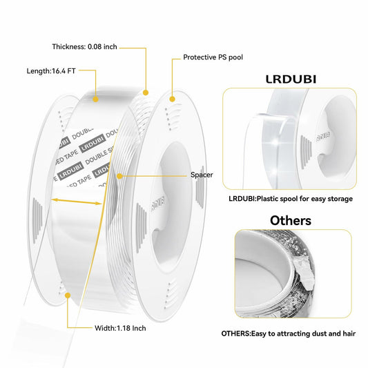 LRDUBI Heavy Duty Double Sided Tape 1.18" x 197" Clear Removable Adhesive