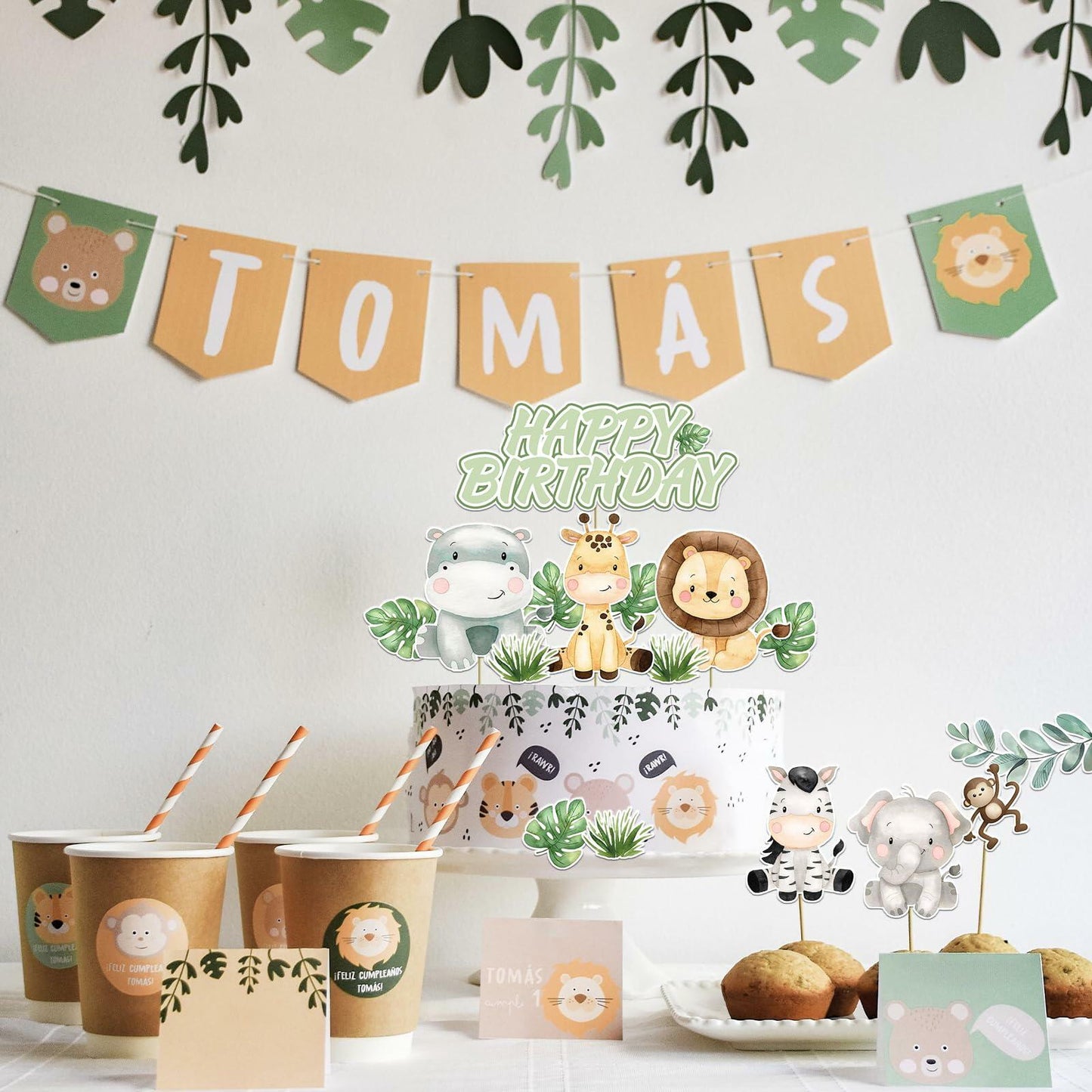 Usoway Jungle Animal Cake Topper Safari Wild Animals Pastel Cardstock