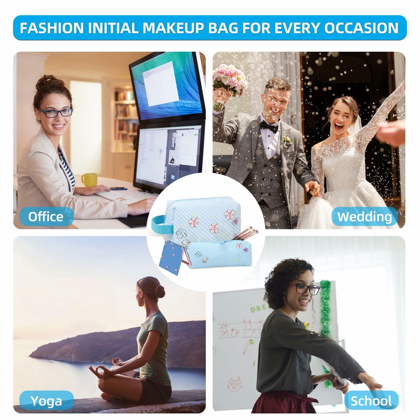 LOYEJEGL Travel Cosmetic Bag with Double Sided Mirror & Brush Bag Blue