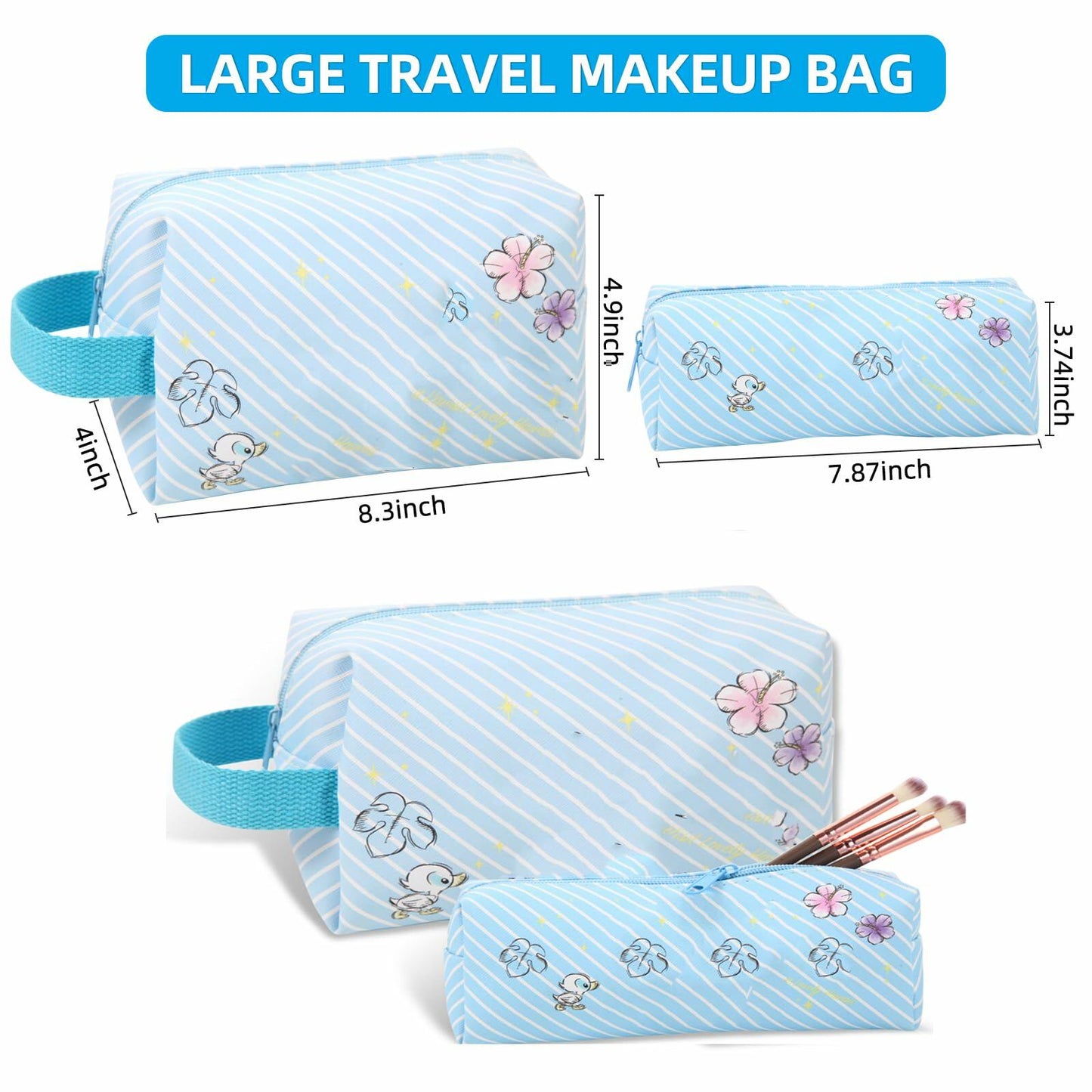 LOYEJEGL Travel Cosmetic Bag with Double Sided Mirror & Brush Bag Blue