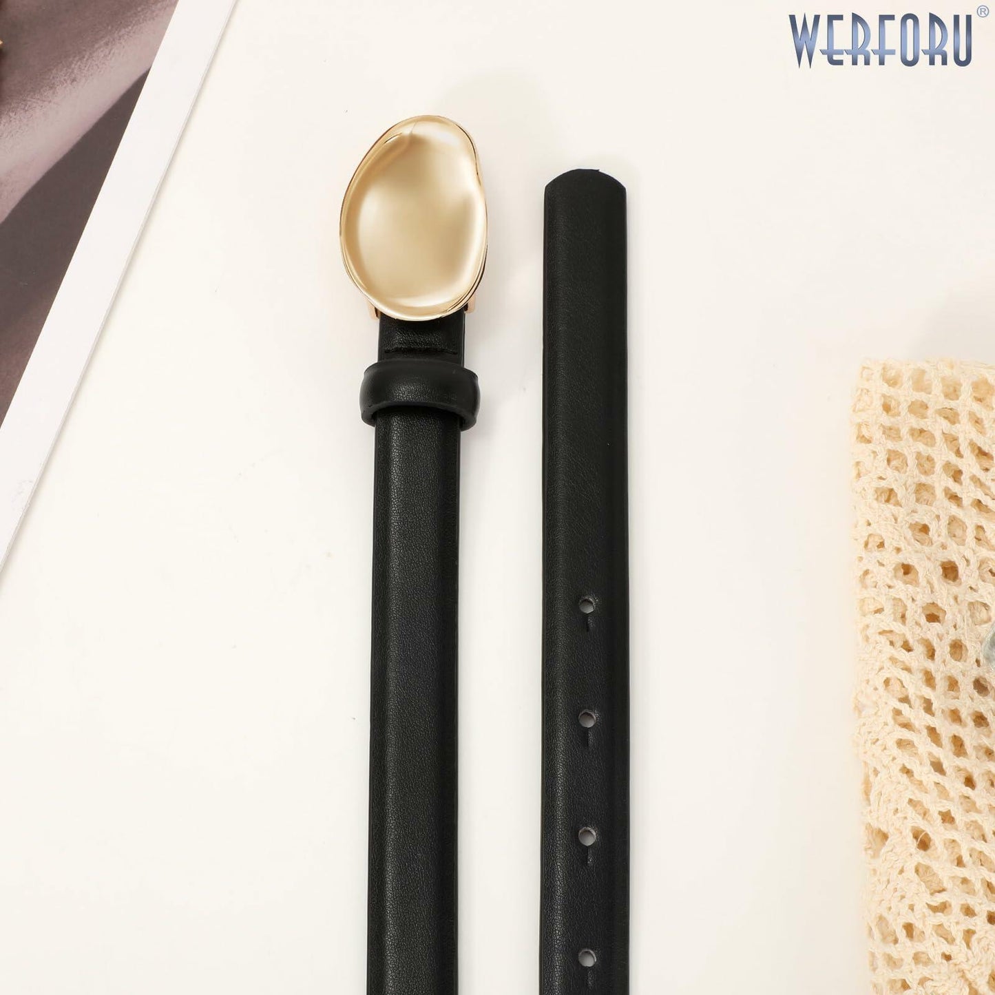 WERFORU Women Skinny Faux Leather Belt Gold Buckle 0.7" Width Size 36-42"