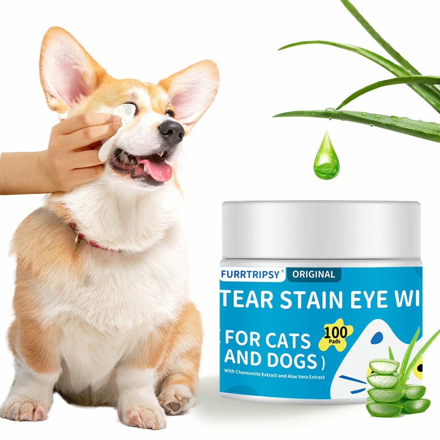Furrtripsy Pet Eye Wipes Tear Stain Remover Chamomile Aloe Vera 100 Count