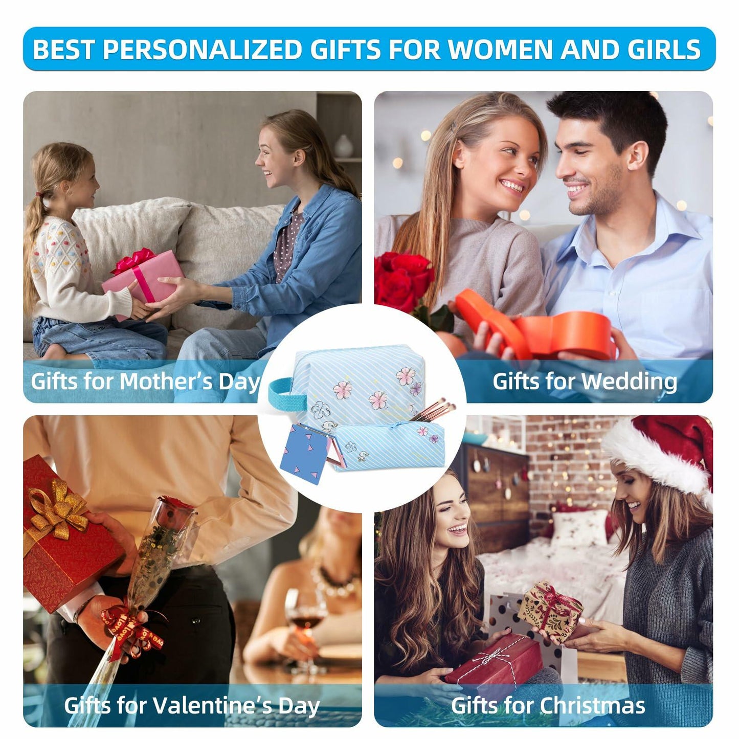 LOYEJEGL Travel Cosmetic Bag with Double Sided Mirror & Brush Bag Blue